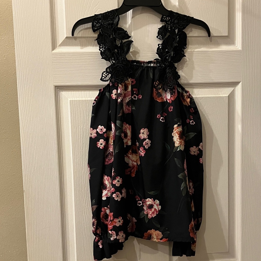 Floral Lace-Trim Black Halter Blouse